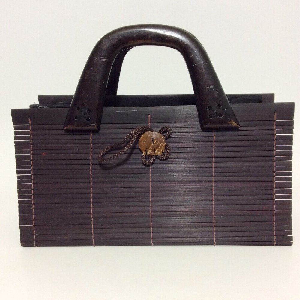 Womens Handmade Bamboo Handbag Wood Handles Loop Button Closure  Brown - Picture 6 of 12